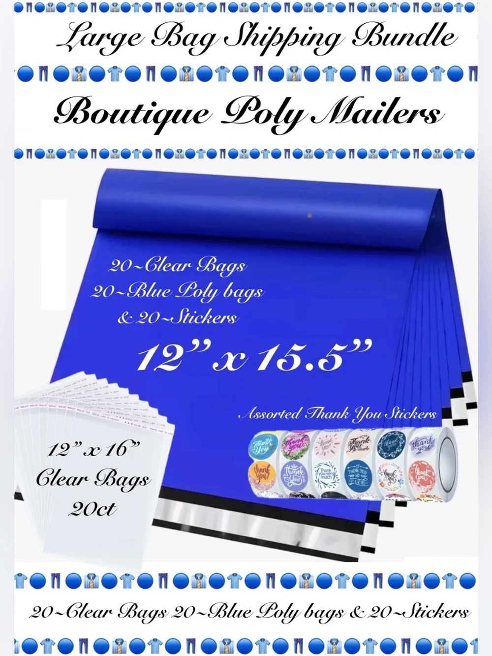 60pcs Shipping Package 20 Blue Poly Mailers 20 Clear bags 20 stickers